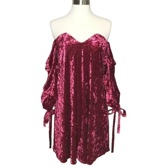AO Wine Crushed Velvet Loose Off Shoulder Dress Size Small NWT - Picture 3 of 8